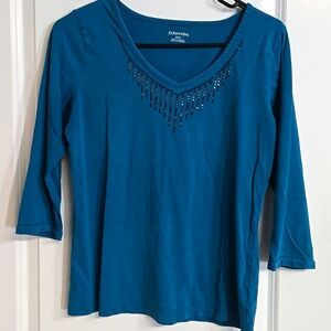 St. John's Bay Blue Embellished Top Small  Vneck Quarter Sleeve